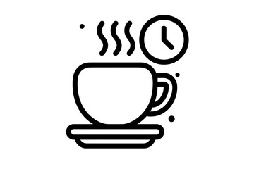 Coffee break time line icon. Hot drink mug with steam and clock symbol. Vector pictogram for web and app design. Morning caffeine concept for office or cafe. Isolated illustration.