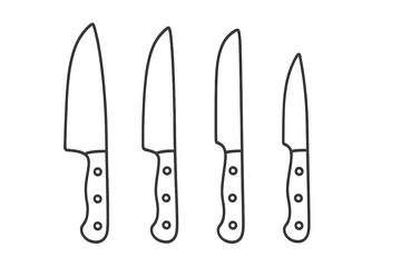 Minimalistic kitchen knife outlines set, vector cartoon illustration with transparent background, ordered collection of chef knives, carving knife, utility knife, and paring knife