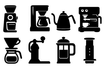 Silhouette icons of coffee brewing equipment for home baristas and coffee lovers, vector cartoon illustration set with transparent background, popular coffee gadgets and tools