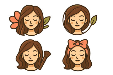 Woman face logo set for beauty salon, spa, cosmetics. Natural organic skincare vector icon collection. Female head with flower, leaf, makeup brush for feminine brand identity.