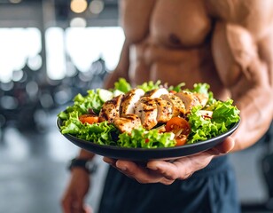 Muscular man holding a healthy salad plate in a gym
