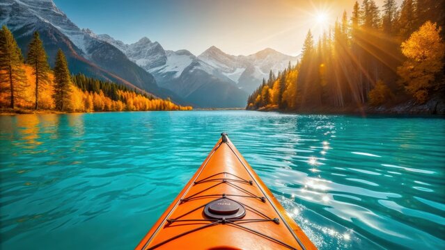 Sunrise kayaking in alps turquoise lake autumn forest orange kayak mountain peak golden light calm water travel adventure