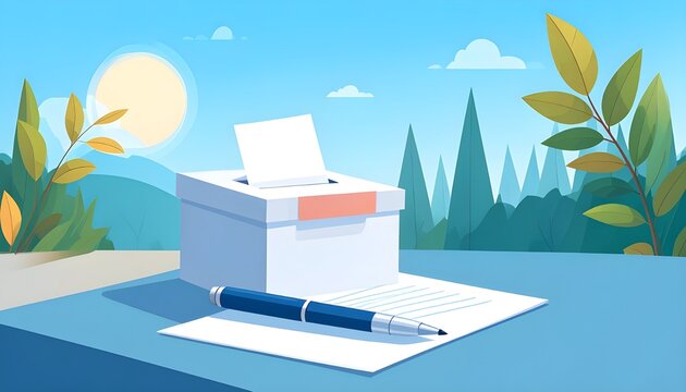 Voting Concept Ballot Box and Pen on a Table with a Scenic Background on a Sunny Day