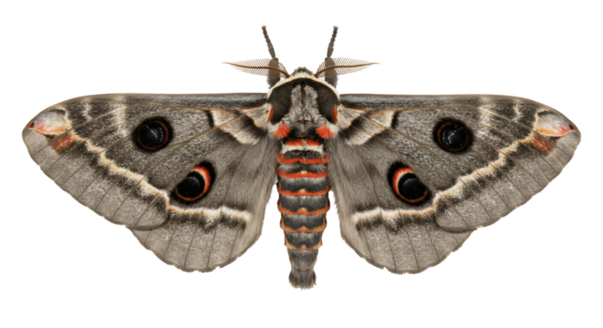 Detailed closeup of a polyphemus moth with transparent background