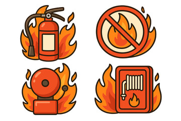Fire safety equipment icon set. Vector cartoon illustration. Firefighter tools for emergency protection. Hazard warning signs. Extinguisher, alarm bell, hose reel and no fire symbol.