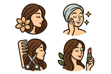 Beauty salon logo set. Woman face vector icon collection for cosmetics, spa, skincare and hair styling. Illustration for hairdresser, makeup artist, facial cream and beauty products.