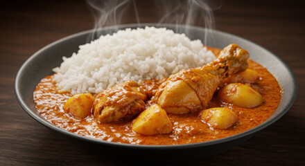 Delicious Chicken Curry with Steaming Rice Aromatic and Flavorful Meal Presentation Asian Cuisine Culinary Delight Food Photography
