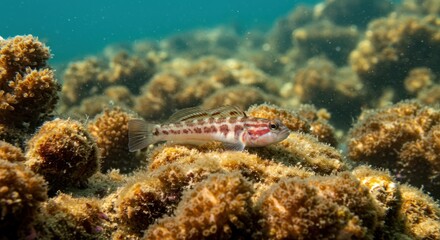 Underwater shot of a small coral reef fish swimming among algae-covered rocks in the ocean