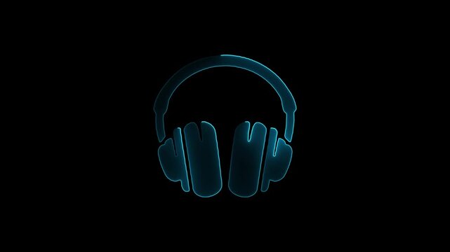 Neon Light Headphones, Podcast and Gaming Communication Icon for Online Streaming. Music icon isolated. Glowing neon headphone icon animation on headphones sign with alpha channel.