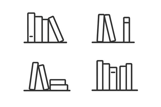 Bookshelf icons set in minimalist line art style. Vector book symbols for library, education or bookstore. Modern outline pictogram for knowledge, reading and learning concepts.