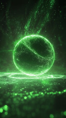3D abstract green energy orb with radiant power rays on a dark background. Futuristic science and technology concept symbolizing nuclear energy, innovations, cosmic phenomena, and the Universe.