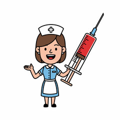 Cartoon nurse holding large syringe with red liquid