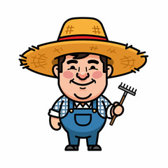 Flat vector illustration of a happy farmer with straw hat and rake