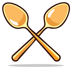 Two crossed golden spoons, kitchen utensils, metallic flatware for eating and serving, meal preparation, dining symbol