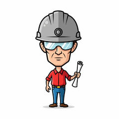 Cartoon construction worker holding blueprints wearing hard hat and safety glasses