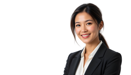 Smiling businesswoman in suit isolated on transparent background with ponytail