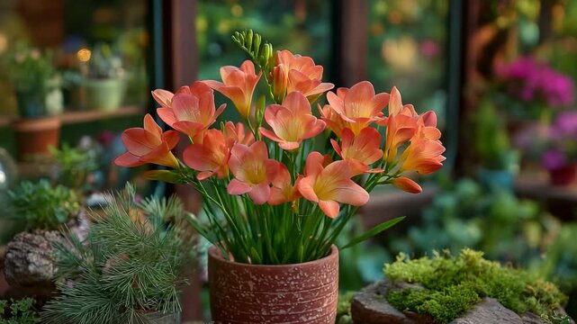 Orange freesia bouquet in pot