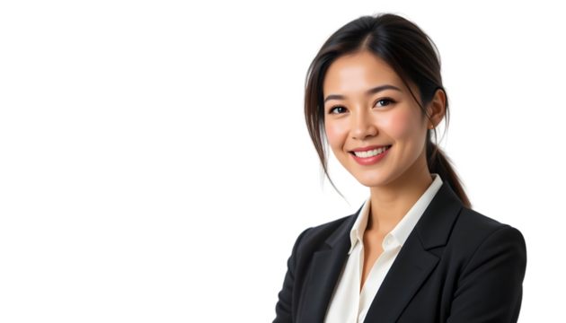 Smiling businesswoman in suit isolated on transparent background with ponytail