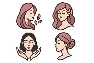 Woman face logo collection for beauty, spa, salon. Vector set of feminine head illustrations. Natural, organic skincare icon. Elegant female profile for cosmetics & wellness branding.