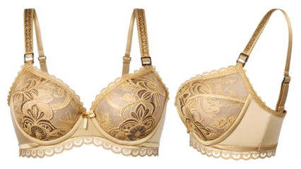 Luxurious golden women's embroidered lace bra design isolated on transparent background for elegant fashion concepts.