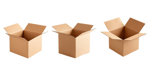 Fototapeta premium Three open cardboard boxes arranged horizontally. Each box is a light tan color and displays a simple, squared shape. 