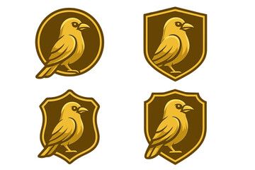 Golden bird logo set. Collection of premium gold canary or sparrow icons on shield and circle badges. Vector illustration for corporate identity, emblem, or luxury brand symbol.
