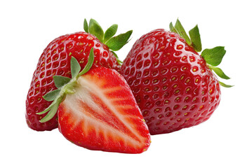 Two whole and one sliced strawberry, vibrant red, glossy skin, visible seeds, and green leafy tops