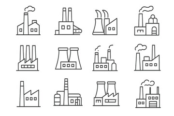 Factory and industry line icon set. Power plant, manufacturing, industrial building outline vector symbols. Nuclear station, pollution and energy production thin line pictograms.