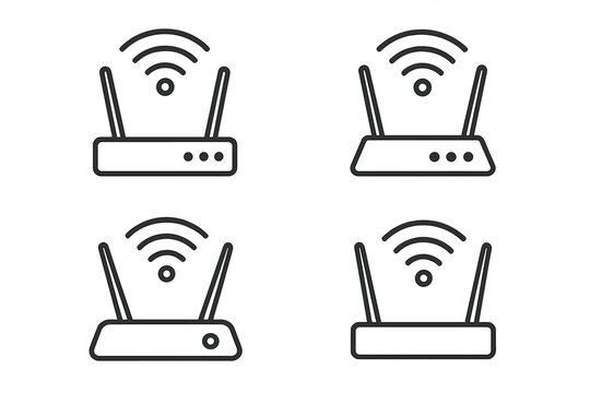 Minimalist line art WiFi routers with wireless signal icons in various modern designs, vector cartoon illustration set, transparent background, tech connectivity symbols collection