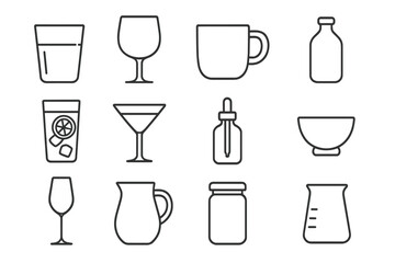 Drink and beverage line icon set. Vector collection of minimalist outline pictograms. Glassware for water, wine, cocktail, coffee. Bottle, mug, jar, pitcher, beaker, lab.
