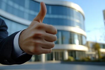 Confident businessman giving a thumbs-up in front of an office building, exuding corporate success and satisfaction with a positive gesture, symbolizing achievement professionalism, Generative AI