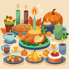 Thanksgiving feast illustration with traditional food and candles on the table