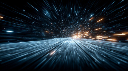 Hyperspace jump through stars and blue nebula, speeding through a luminous space tunnel for galaxy exploration and sci-fi interstellar travel.