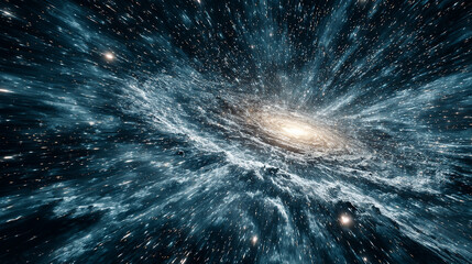 Hyperspace jump through stars and blue nebula, speeding through a luminous space tunnel for galaxy exploration and sci-fi interstellar travel.