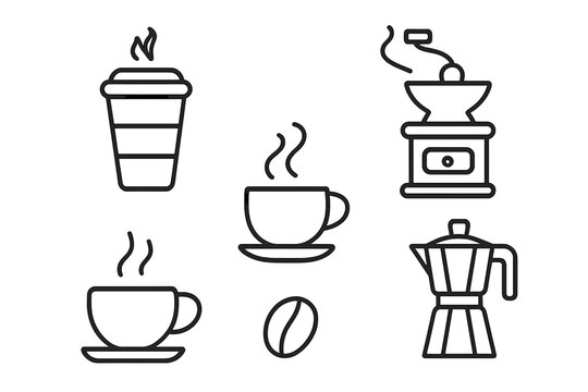 Coffee line icon set vector. Outline graphic collection for cafe menu, app. Includes espresso cup, moka pot, grinder, bean, takeaway drink. Barista symbols illustration.