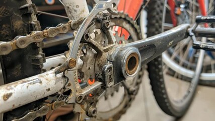 Mountain bike close-up showcasing intricate gear system and chain. Ideal for cycling enthusiasts and maintenance tutorials in a garage location