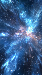 Hyperspace jump through stars and blue nebula, speeding through a luminous space tunnel for galaxy exploration and sci-fi interstellar travel.