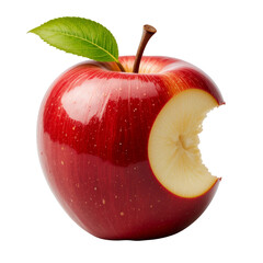 Glossy red apple with fresh green leaf and a clean bite taken from its side on black background