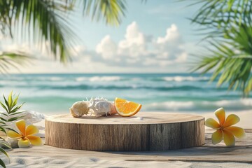 detailed picture of Summer product display on wooden podium at sea tropical beach