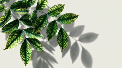 Green fresh leaves with shadows on white background botanical foliage eco friendly decoration summer spring nature wallpaper design