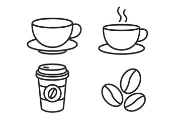 Coffee cup and beans outline icon set. Vector line art collection of hot drink, espresso, and to-go paper cup symbols. Simple cafe menu illustration with editable stroke.