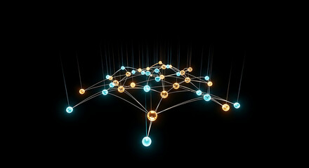 Abstract network of connected nodes with glowing lights on black background