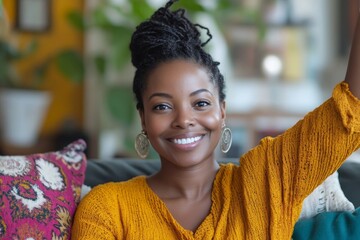 Portrait of a happy African American woman sitting at home on the couch, raising her hand in celebration after achieving a personal success or milestone, sharing the joy with others, Generative AI