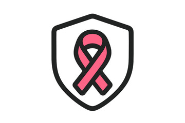 Pink ribbon shield icon for breast cancer awareness month campaign. Symbol of hope, support and charity for women's health. Medical prevention and protection vector pictogram.
