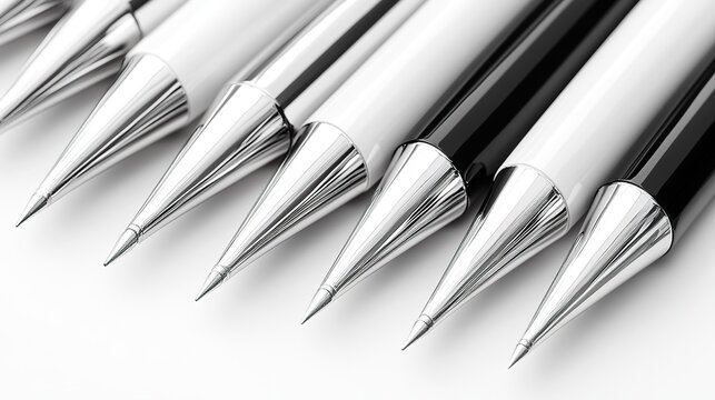 Row of Sleek Ballpoint Pens with Metallic Tips on White Background 