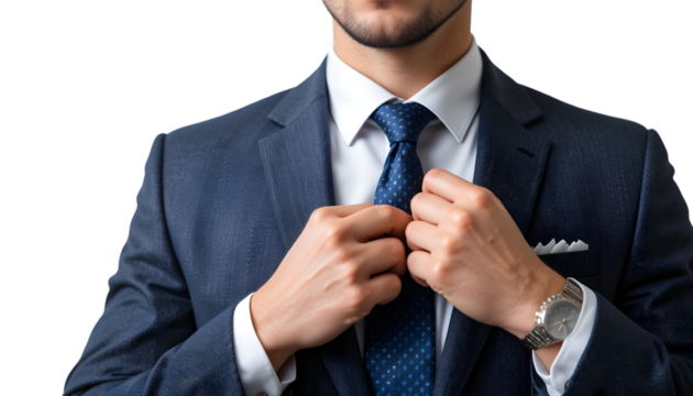 Man in suit adjusting tie isolated on transparent background in studio shot