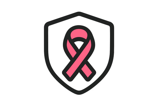 Pink ribbon shield icon for breast cancer awareness month campaign. Symbol of hope, support and charity for women's health. Medical prevention and protection vector pictogram.