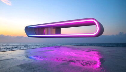 Futuristic floating house over the ocean at sunset