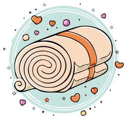 Cozy Rolled Towel Cartoon Surrounded by Hearts and Stars, Spa Day and Relaxation Concept