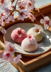 Sakura mochi dessert plate with pink, white and green mochi rice cakes, decorated with cherry blossom flowers, traditional Japanese wagashi
